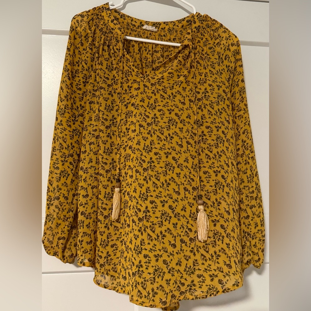 Flowy Mustard Floral Peasant Top with Tassel Ties
